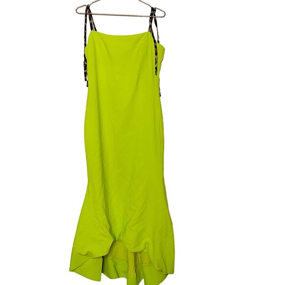 NWT CHRISTIAN SIRIANO Leopard Ties Neon Green Hi-Low Hemline Dress Size 10 - Picture 3 of 16